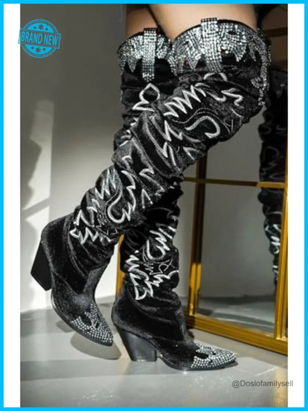 Rhinestone Embroidered Thigh High Slouchy Wide Calf Pull On Boots with Memory